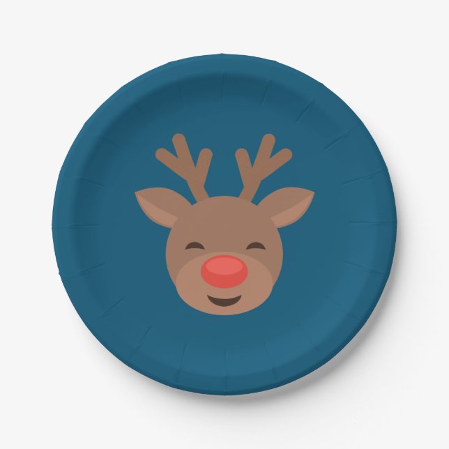 Christmas Reindeer Rudolf on Blue Paper Plate (Front)