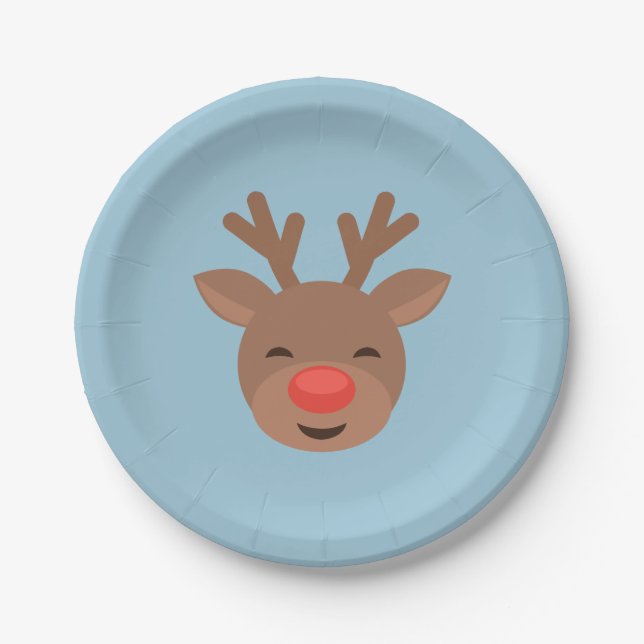 Christmas Reindeer Rudolf on Light Blue Paper Plate (Front)