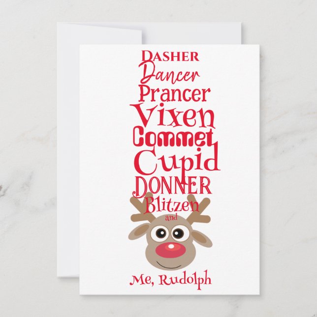 Christmas Reindeer Rudolph Fun Cute White Holiday Card (Front)