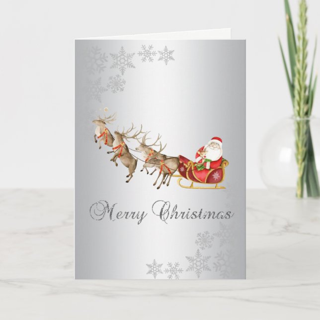  Christmas Reindeer Santa Claus Sleigh Silver Holiday Card (Front)