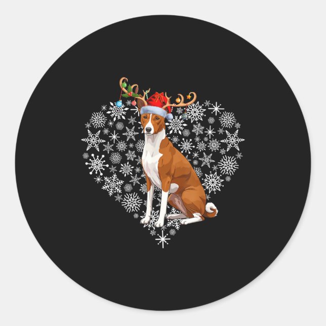 Christmas Reindeer Santa Hat Basenji Lovers Xmas  Classic Round Sticker (Front)