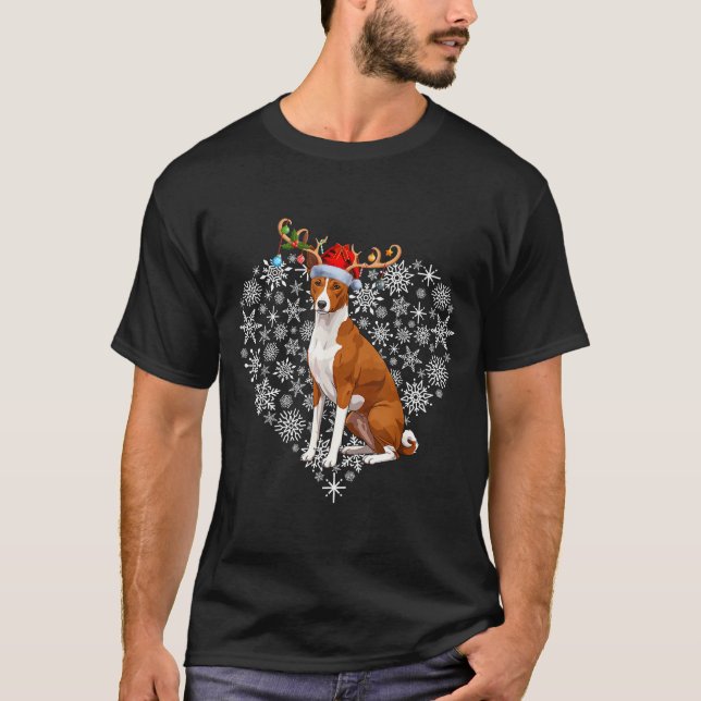 Christmas Reindeer Santa Hat Basenji Lovers Xmas  T-Shirt (Front)