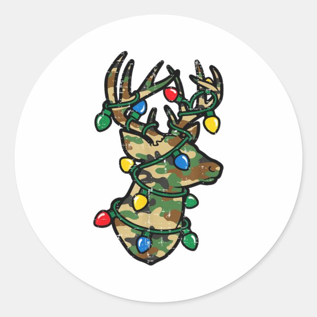 Christmas Reindeer Silhouette Camo Xmas Lights Men Classic Round Sticker (Front)