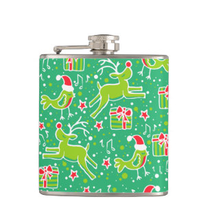 Christmas reindeer & singing bird greenhip flask