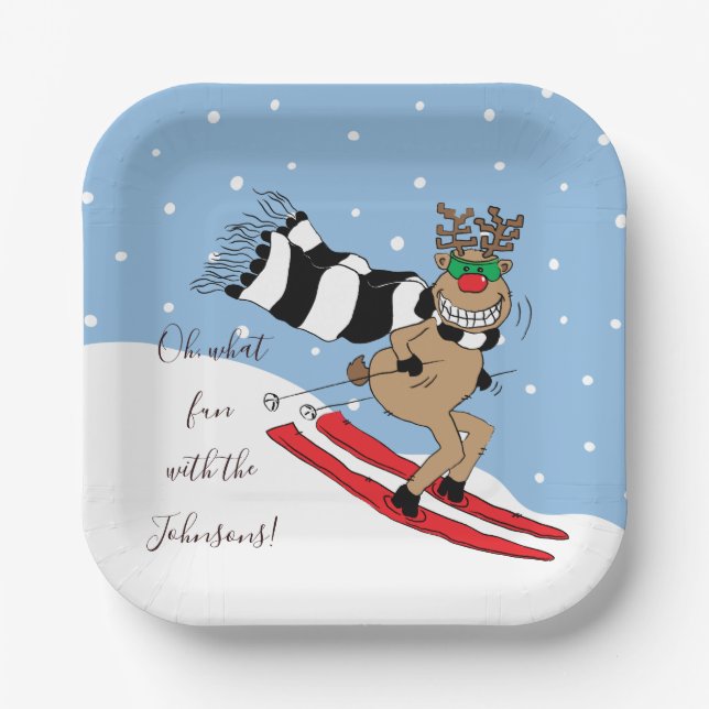 Christmas Reindeer Skiing Paper Plate (Front)