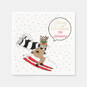 Christmas Reindeer Snow Skiing Napkin