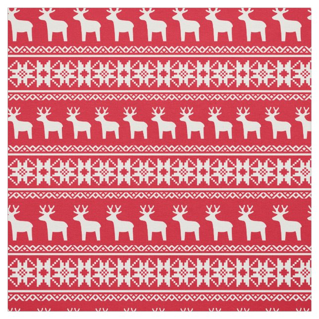 Christmas Reindeer Snowflake Pattern Vintage Red Fabric (Swatch)