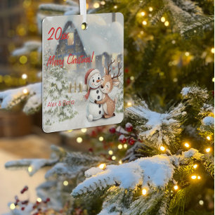 Christmas reindeer snowman photo Square Ornament