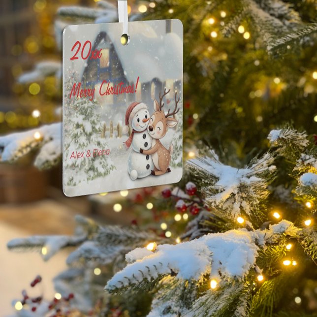  Christmas reindeer snowman photo Square Ornament (Creator Uploaded)
