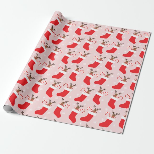 Christmas Reindeer Stocking Pattern Red White Wrapping Paper (Unrolled)