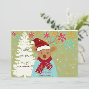 Christmas Reindeer Tree Snow Vintage Green Red Holiday Card