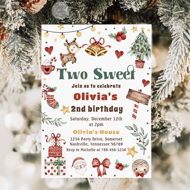 Christmas Reindeer Two Sweet 2nd Birthday Party  Invitation (Creator Uploaded)