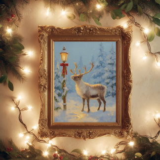 Christmas Reindeer Under the Lamp Light Poster