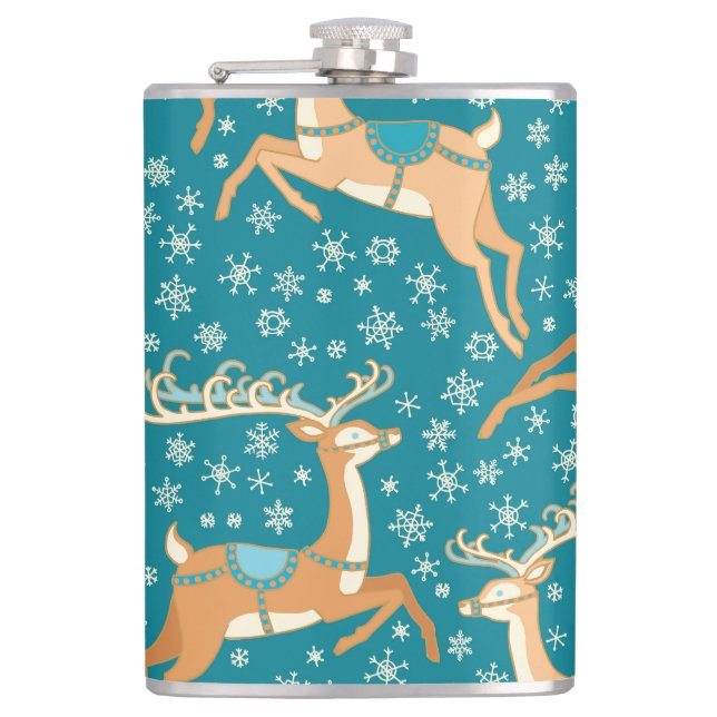 Christmas Reindeer: Vintage Seamless Pattern. Hip Flask (Front)