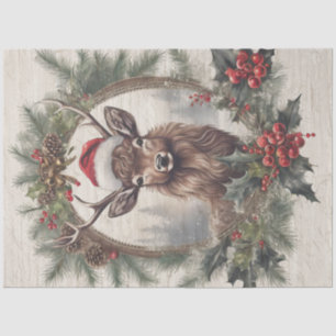 Christmas Reindeer Vintage Wreath Pine Decoupage Tissue Paper