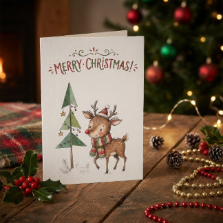 Christmas Reindeer Watercolor Cute VintageWoodland Card