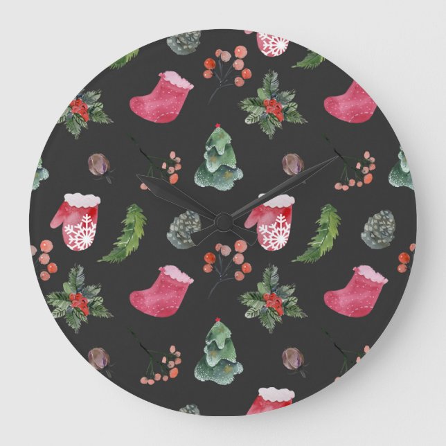 Christmas Reindeer: Watercolor Seamless Pattern Large Clock (Front)