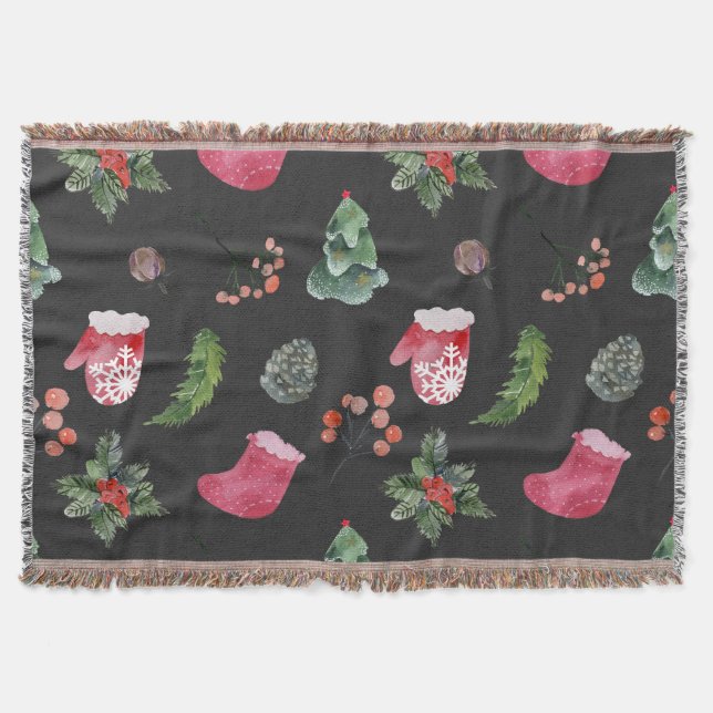 Christmas Reindeer: Watercolor Seamless Pattern Throw Blanket (Front)