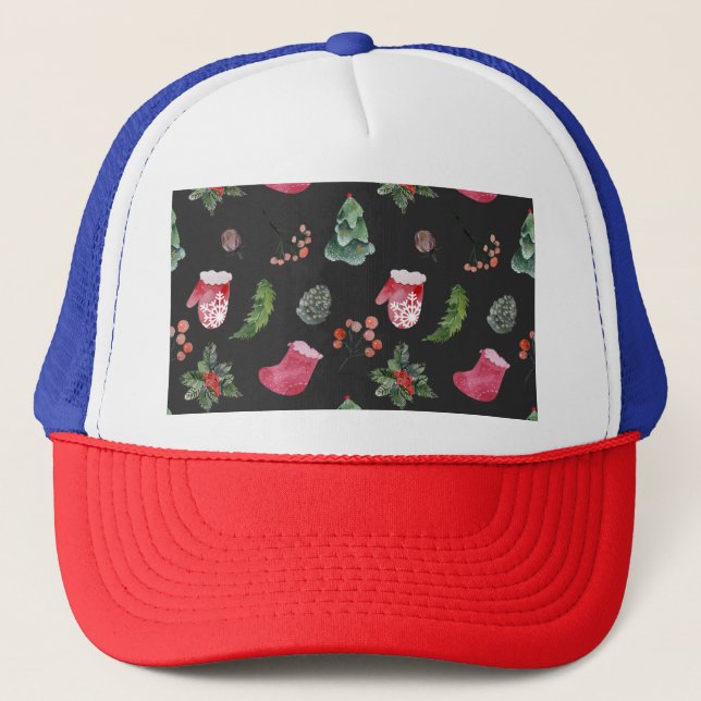 Christmas Reindeer: Watercolor Seamless Pattern Trucker Hat (Front)
