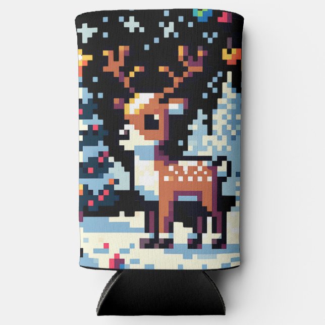 Christmas Reindeer Winter Wonderland Pixel Art Seltzer Can Cooler (Front)