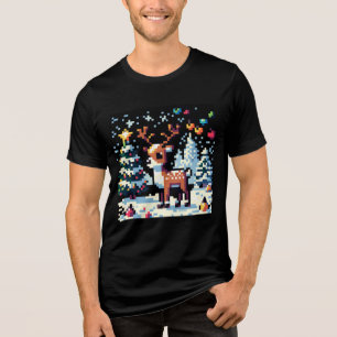 Christmas Reindeer Winter Wonderland Pixel Art Tri-Blend Shirt