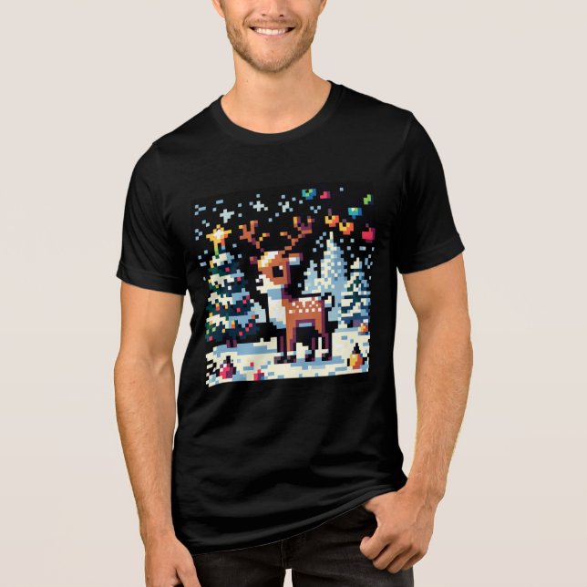 Christmas Reindeer Winter Wonderland Pixel Art Tri-Blend Shirt (Front)