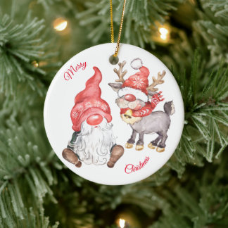 Christmas Reindeer With Gnome Ceramic Tree Decoration