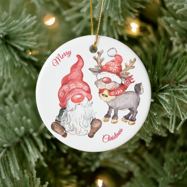Christmas Reindeer With Gnome Ceramic Tree Decoration (Tree)