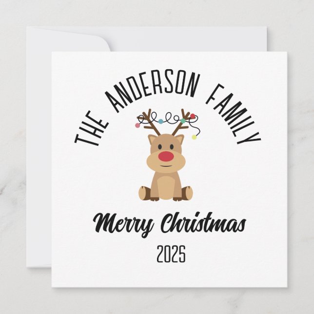 Christmas Reindeer With Lights Personalized Name Holiday Card (Front)