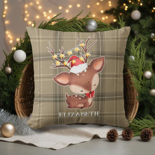 Christmas Reindeer With Plaid Background Throw Pil Cushion
