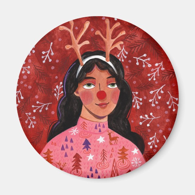 Christmas reindeer woman red magnet (Front)