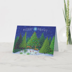 Christmas Reindeer Woodland Animals Merry Bright Holiday Card