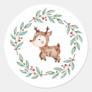 Christmas Reindeer Wreath Classic Round Sticker