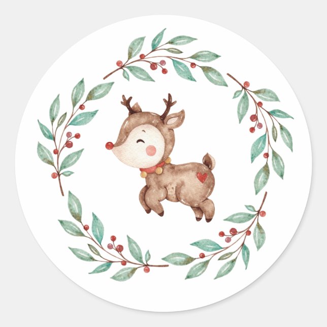 Christmas Reindeer Wreath Classic Round Sticker (Front)