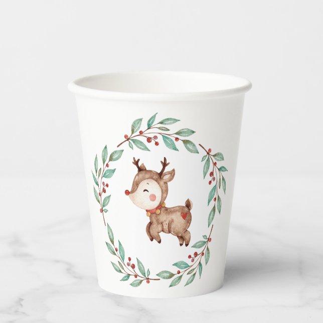 Christmas Reindeer wreath First Birthday Paper Cups (Front)