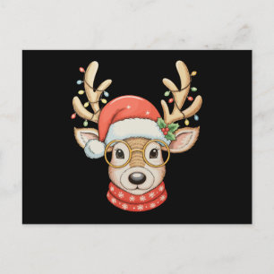 Christmas Reindeer Xmas Lights Glasses Santa Hat Holiday Postcard