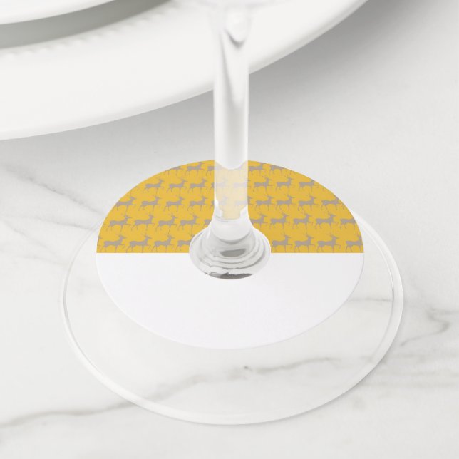 Christmas Reindeer Yellow Mustard Background  Wine Glass Tag (Close Up)