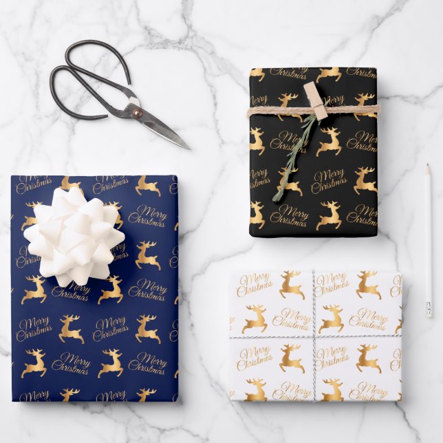 Christmas Reindeers on Navy Blue, Black and White Wrapping Paper Sheet (Front)