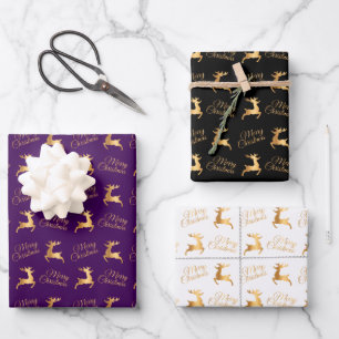 Christmas Reindeers on Purple, Black and White Wrapping Paper Sheet
