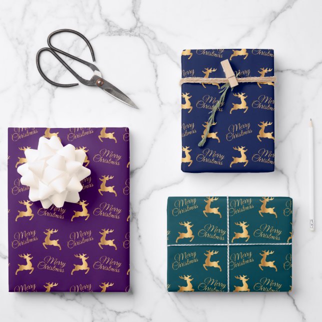 Christmas Reindeers on Purple, Navy and Teal Wrapping Paper Sheet (Front)