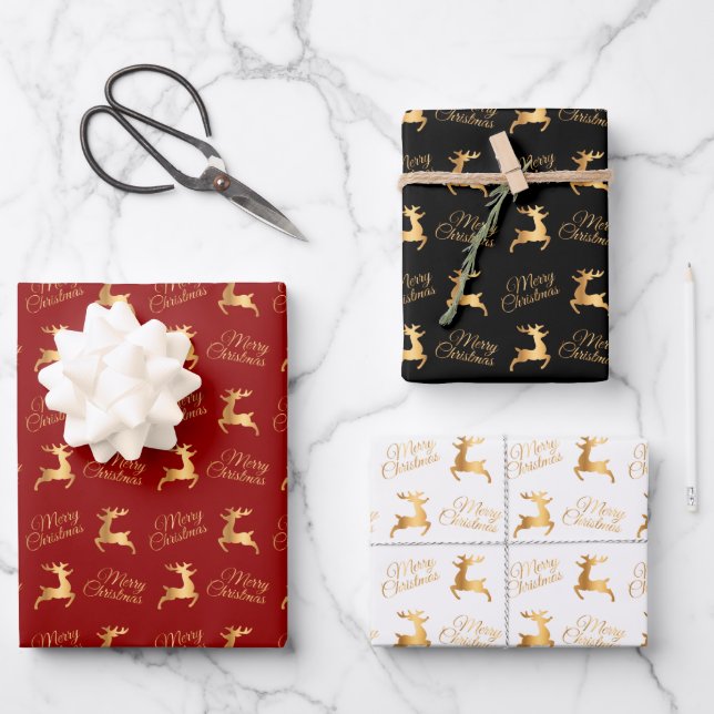 Christmas Reindeers on Red, Black and White Wrapping Paper Sheet (Front)