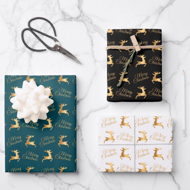 Christmas Reindeers on Teal, Black and White Wrapping Paper Sheet (Front)