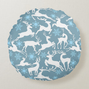 Christmas Reindeers Pattern, white 02 Grey BG Round Cushion