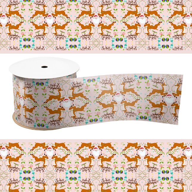 Christmas Reindeers Pink Seamless Pattern Satin Ribbon (Creator Uploaded)