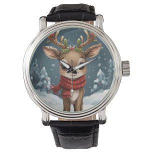 christmas reinder engraved modern leather elegant  watch