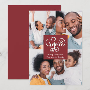 Christmas Rejoice Typography Red Photo Christmas Holiday Card
