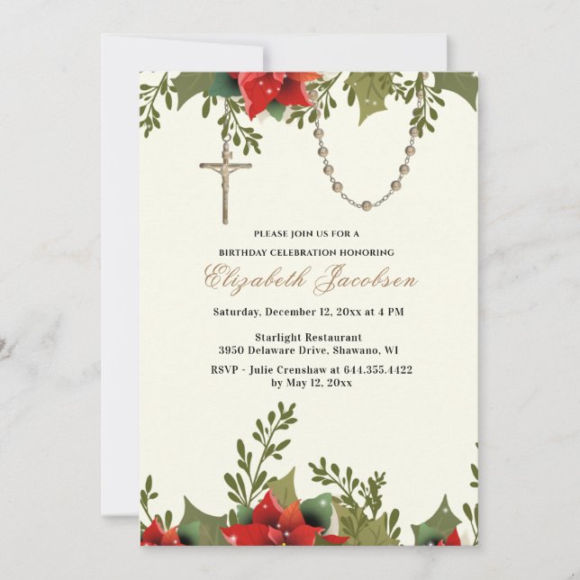 Christmas Religious Birthday Pointsettias Rosary  Invitation (Front)