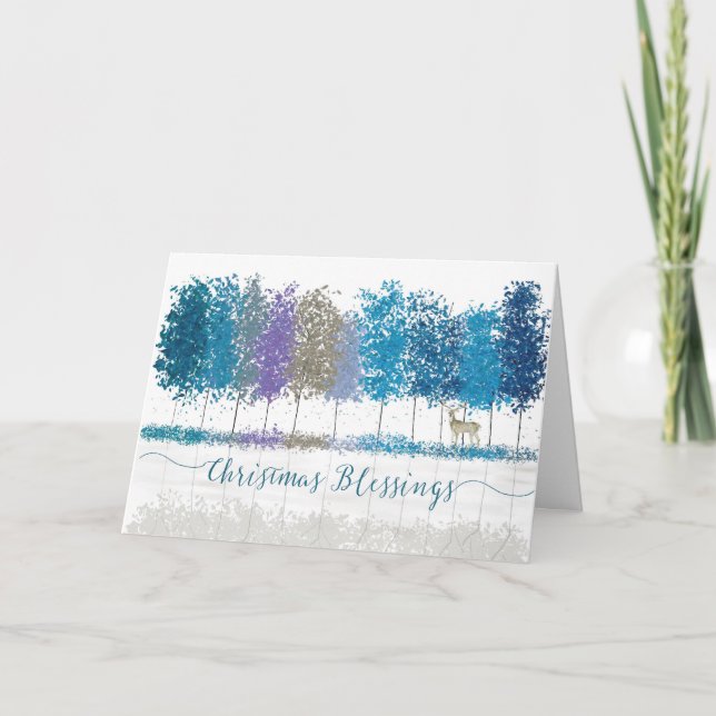 Christmas Religious Blessings Blue Trees and Deer  Card (Front)