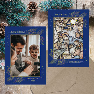 Christmas Religious Christian Catholic Blue Photo Holiday Card