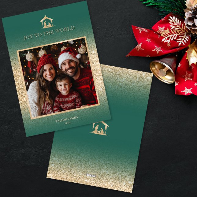 Christmas Religious Nativity Scene Family Photo  Holiday Card (religious family photo christmas card with green background and gold nativity scene)
